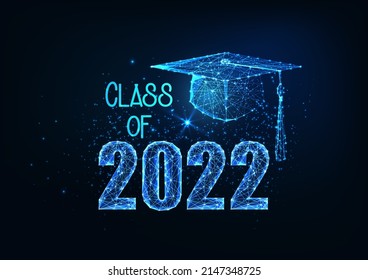 Futuristic graduation class of 2022 concept with glowing low polygonal graduation cap isolated on dark blue