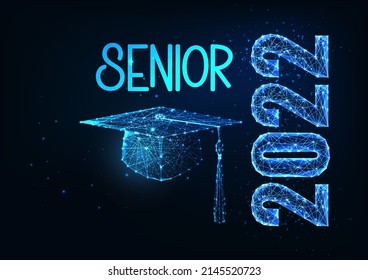 Futuristic Graduation, senior 2022 web banner concept with glowing low polygonal graduation cap