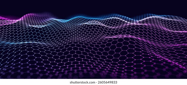 Futuristic Graphene or Carbon Grid. Digital Waves Technology Mesh. Abstract Hexagon Surface. Big Data Flow. Cyber Network Visualization. Sci-Fi Synthwave Landscape. Vector Illustration.