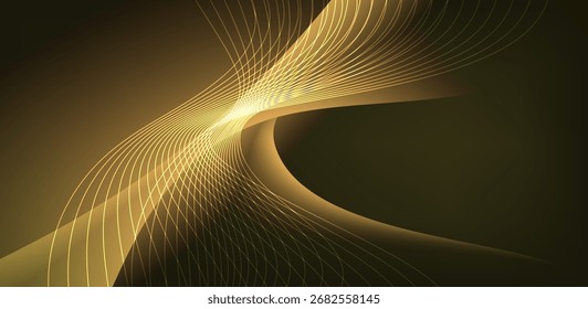 Ein futuristischer grafischer Hintergrund, der gekrümmte Linien und einen goldschwarzen Farbverlauf verwendet, um Tiefe und Fluss zu erzeugen. Atmosphäre: Modern, energiegeladen und luxuriös.