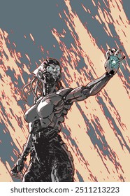 A futuristic graphic of a female cyborg character in a dynamic pose, spreading her arms and emitting powerful light from her hand.