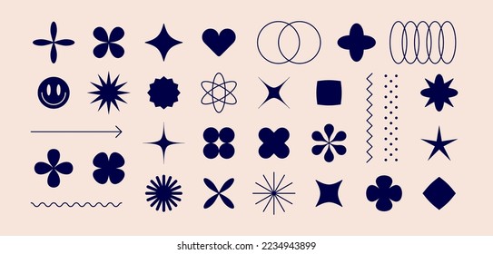 Futuristic graphic form. Set of geometric design element, shape symbol for pattern, graphic, web design, minimalist geometric sign, star, flower, collection abstract form. Vector Illustration