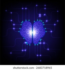 Um gráfico futurista de um cérebro azul brilhante conectado a uma rede digital de linhas de neon e pontos de dados cintilantes em um fundo escuro, representando inteligência artificial ou pensamento tecnológico.