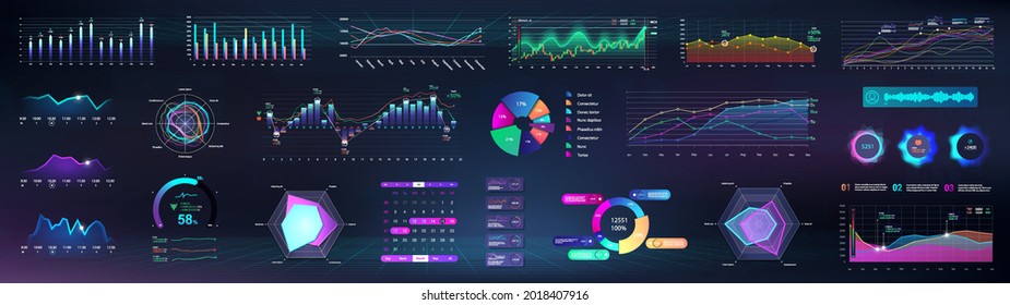 Futuristic Graphic infographics, charts, diagrams, pie charts for UI, UX, KIT. Big collection infographic template elements. Modern design, processing and analysis of data. Vector mockups for business