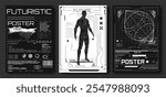 Futuristic Graphic Posters with Abstract Designs.  Set of retro futuristic banner or print with wireframe elements and digital human figure, typography in trendy retro 2000s style. Vector illustration