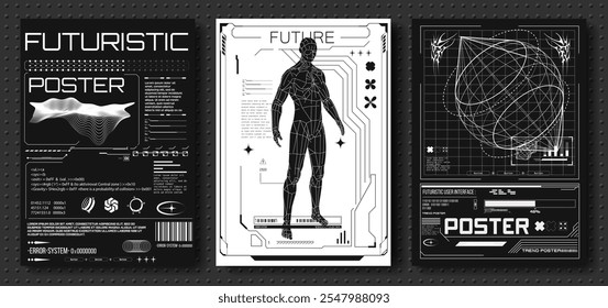 Futuristic Graphic Posters with Abstract Designs.  Set of retro futuristic banner or print with wireframe elements and digital human figure, typography in trendy retro 2000s style. Vector illustration