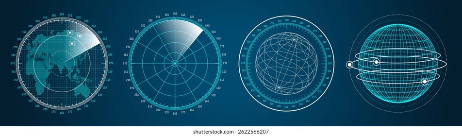 Futuristic graphic user interface HUD. Infographic design UI elements and radar screens. Vector illustration.