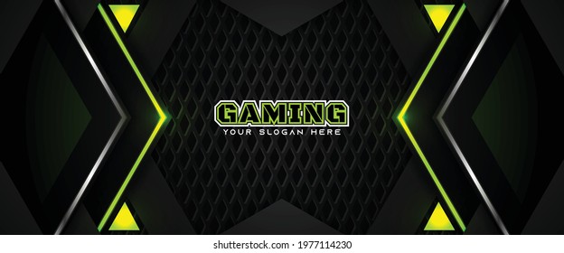 Futuristic green abstract gaming banner design template with metal technology concept. Vector illustration for business corporate promotion, game header social media, live streaming background