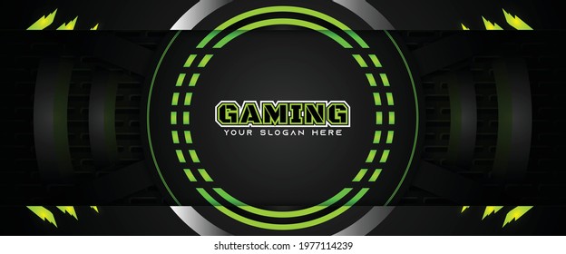 Futuristic Green Abstract Gaming Banner Design Template With Metal Technology Concept. Vector Illustration For Business Corporate Promotion, Game Header Social Media, Live Streaming Background