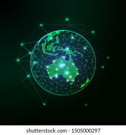 Futuristic green Australia map continent on planet Earth view from space abstract background.  Low poly wireframe, lines and dots glowing design. Vector illustration. 