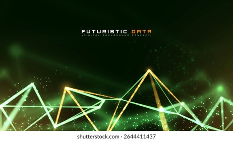 Futuristic Green Background with Glowing Golden Polygon Lines, Dynamic Triangle Wireframe Chart, Sci-Fi Data Visualization Banner, Luxury Trading Analysis Backdrop.