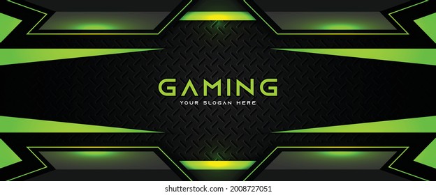 Futuristic green and black abstract gaming banner design with metal technology concept. Vector illustration for business corporate promotion, game header social media, live streaming background