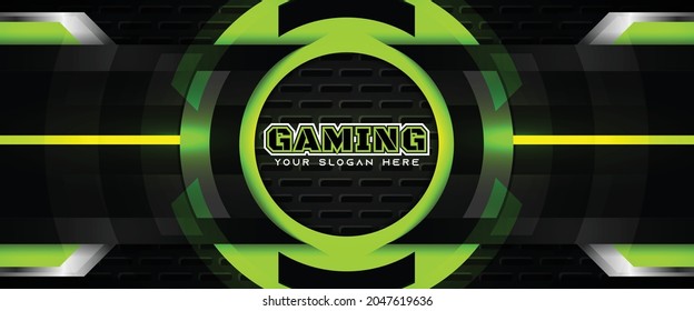 Futuristic green and black abstract gaming banner design with metal technology concept. Vector illustration for business corporate promotion, game header social media, live streaming background