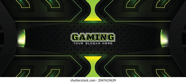 Futuristic green and black abstract gaming banner design with metal technology concept. Vector illustration for business corporate promotion, game header social media, live streaming background