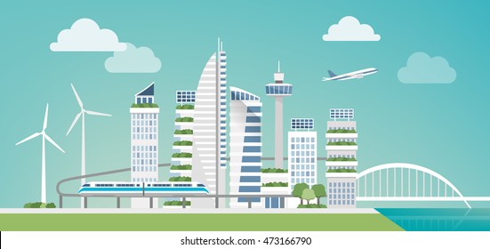 Futuristic Green City With Wind Turbines, Skyscrapers And Monorail, Sustainability And Innovation Concept