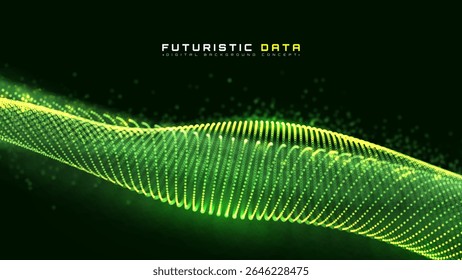 Onda de dados verde futurista, brilho digital grande abstrato, AI Helix Particle, Neon Matrix Sound Waveform Banner, Sound Tech Vibration Curve. Ilustração vetorial.