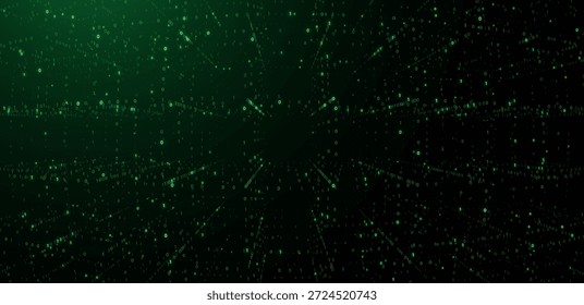 Futuristischer grüner digitaler Matrixraum mit binären Codeströmen und leuchtender Horizontlinie, symbolisiert Datentransfer, Cybersicherheit, virtuelle Netzwerke, künstliche Intelligenz, Vektorhintergrund 