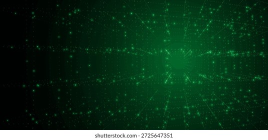 Espacio matricial digital verde futurista con flujos de código binario y línea de horizonte brillante, que simboliza la transferencia de datos, ciberseguridad, redes virtuales, fondo de Vector de inteligencia artificial