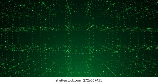 Futuristischer grüner digitaler Matrixraum mit binären Codeströmen und leuchtender Horizontlinie, symbolisiert Datentransfer, Cybersicherheit, virtuelle Netzwerke, künstliche Intelligenz, Vektorhintergrund