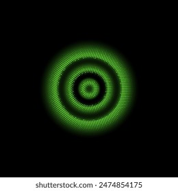 Futuristic green digital signal vector illustration. This design features glowing green particles forming concentric spiral patterns, representing a dynamic WiFi or sound wave.