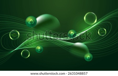 Futuristic green flow background with glowing waves and sustainability icons, including recycling, energy, and eco-product symbols. Ideal for clean tech and circular economy concepts.