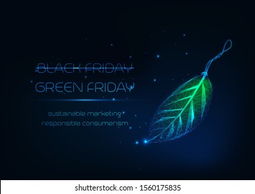 Futuristic green Friday concept with glowing low polygonal leaf tag and text on dark blue background. Sustainable marketing, responsible consumerism. Modern wire frame mesh design vector illustration.