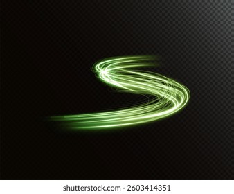 Futuristic green glowing swirl with circular motion and sparkling energy. Dynamic neon wave with spiral and tornado effects. Perfect for tech, speed, and abstract vector backgrounds