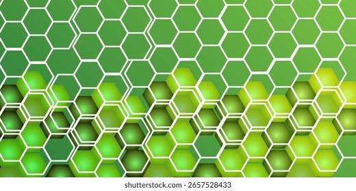 Futuristic green hexagon pattern with layered glowing elements and white grid overlay, abstract technology background.