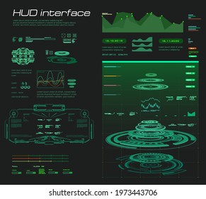 Futuristic green interface HUD, GUI, UI. Custom panel with green portals hologram and object scanning function. Virtual graphical user interface