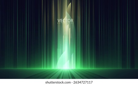 Fondo de luz verde futurista con líneas de Vertical brillantes e iluminación de haz.