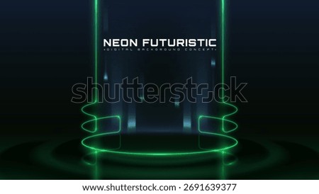 Futuristic green light neon podium on dark background.