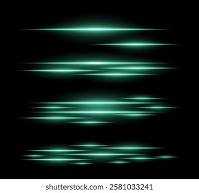 Futuristic green light streaks set. Glowing horizontal laser beams with motion blur on a dark background. Sci-fi energy lines, cyberpunk style, digital speed effects, and modern technology aesthetics.