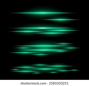 Futuristic green light streaks set. Glowing horizontal laser beams with motion blur on a dark background. Sci-fi energy lines, cyberpunk style, digital speed effects, and modern technology aesthetics.