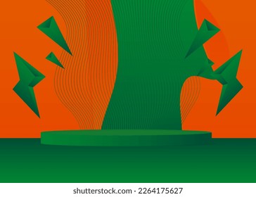 Futuristic Green und Orange Bühnenvorführung zur Präsentation. Realistische Produktdarstellung. Abstraktes Sci-fi Vektor 3D Zimmer. Minimales geometrisches Zylinderpodium, leere Szene.