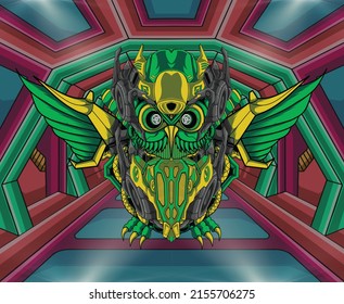 
Futuristic green owl mecha illustration