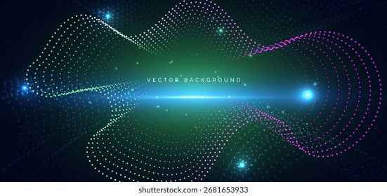 Futurista línea de onda punteada brillante verde y rosa y brillo sobre fondo oscuro. Concepto de ciencia de la Tecnología. Ilustración vectorial
