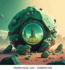 Futuristic green planet with ring and rocks