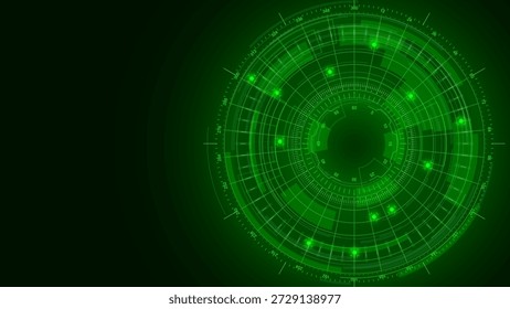 Interfaz verde futurista del radar con los Elementos circulares brillantes del HUD y la rejilla de la exploración en el fondo oscuro de la tecnología, vigilancia digital y diseño del concepto de la seguridad, Ilustración vectorial