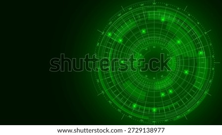 Futuristic Green Radar Interface With Glowing Circular HUD Elements And Scanning Grid On Dark Tech Background, Digital Surveillance And Security Concept Design, Vector Illustration