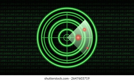 Virus de escaneo de pantalla de radar verde futurista. Interfaz digital brillante con Elementos HUD de tecnología y Ilustración vectorial de pantalla de ciberseguridad.
