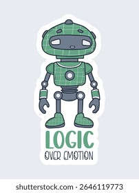 Adesivo de robô verde futurista. Assistente de tecnologia virtual com slogan interessante. Ilustração vetorial. Mascote do personagem Avatar. Não é IA