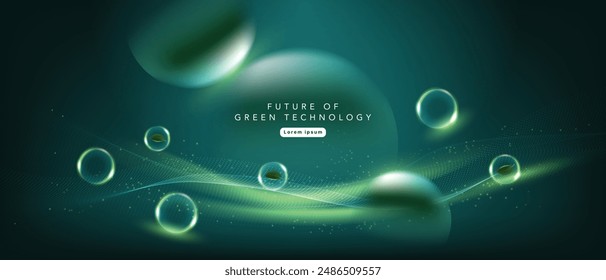 Futuristic green technology background with glowing spheres, flowing light waves and abstract digital landscape for innovation and sustainability concepts.