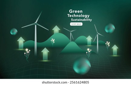 Futuristic green technology background with glowing circuit-like trees, rising arrows, and grid lines.sustainability, innovation, data analysis, and eco-friendly concept.