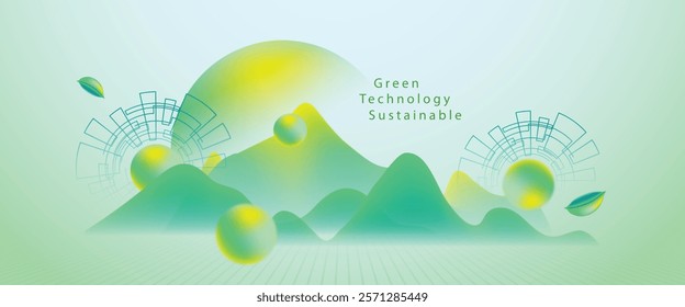 Futuristic green technology background with glowing circuit-like trees, rising arrows, and grid lines.sustainability, innovation, data analysis, and eco-friendly concept.