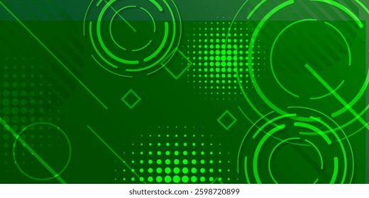 Futuristic green technology background with glowing HUD elements, abstract geometric shapes, and digital patterns. Perfect for sci-fi, innovation, cyber, and tech-themed designs.