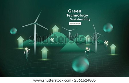 Futuristic green technology background with glowing circuit-like trees, rising arrows, and grid lines.sustainability, innovation, data analysis, and eco-friendly concept.