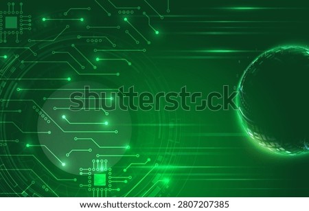 Futuristic green technology background with glowing circuit board, digital sphere, and HUD interface. Cybersecurity, AI, and data network concept with modern high-tech design.