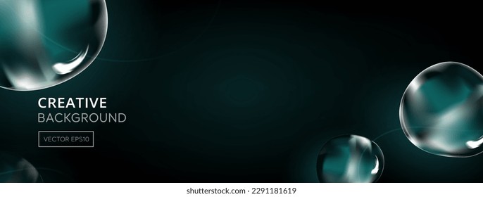 Futuristic green turquoise fluid dynamic abstract drops floating in dark banner background with copy space