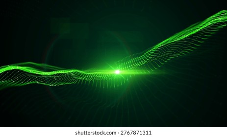 Futuristic green wave vector background with glowing particles and grid. Big data visualization, AI concept, data processing. Perfect for cybersecurity, blockchain tech presentation. Neon digital flow