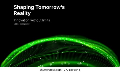Futuristic green wave vector background with glowing particles and grid. Big data visualization, AI concept, data processing. Perfect for cybersecurity, blockchain tech presentation. Neon digital flow